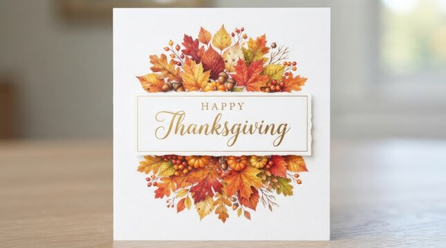 Elegant thanksgiving greeting card featuring a beautiful autumn leaf wreath design