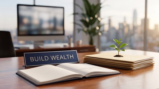 Build wealth sign placed next to a small green plant growing from stacked paper folders with sprouting stack manila