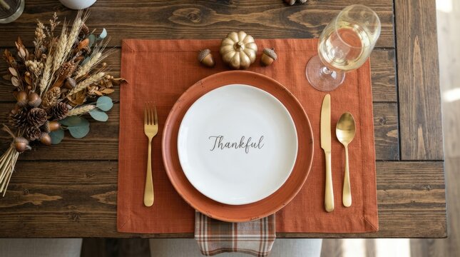 Elegant thanksgiving table setting with festive place card and rustic autumn decorations