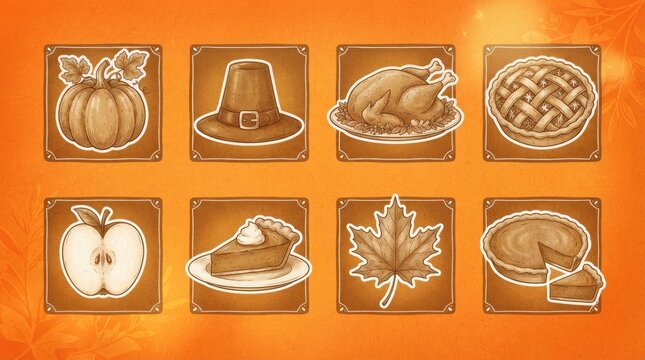 Set of traditional thanksgiving food icons and symbols on orange background