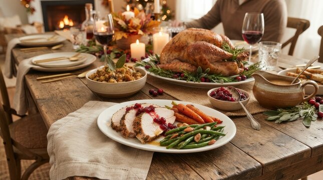 Delicious roasted turkey dinner served on a beautifully decorated thanksgiving table
