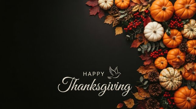 Festive thanksgiving background with pumpkins and autumn leaves on black backdrop