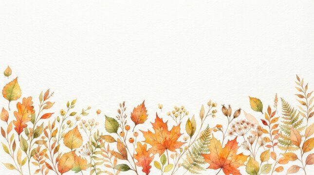 Watercolor autumn foliage border for thanksgiving greeting cards and seasonal design projects