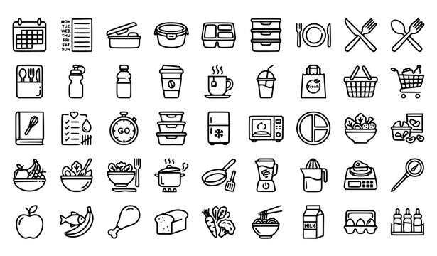 Healthy Meal Planning And Grocery Shopping Outline Icons Collection Featuring Food Containers And Kitchen Supplies