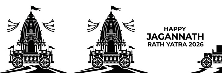 Obraz premium Happy Jagannath Rath Yatra 2026 Banner with Traditional Temple Chariots Silhouettes on White Background
