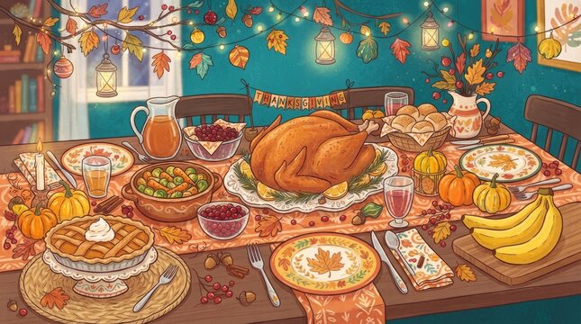 Festive thanksgiving dinner table setting with roasted turkey and traditional autumn holiday food