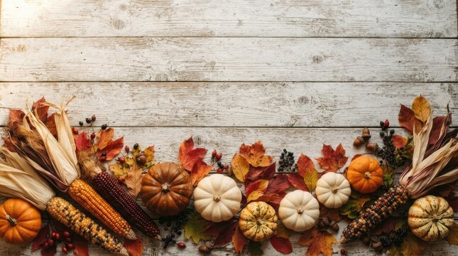 Rustic thanksgiving background with pumpkins and autumn leaves on white wooden planks