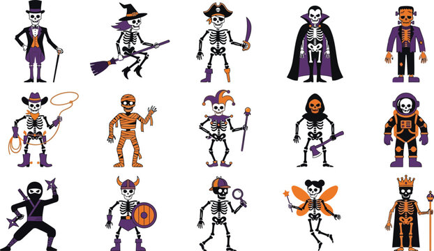 Collection of various skeleton character stickers for happy halloween day celebration featuring spooky costumes and festive themed designs
