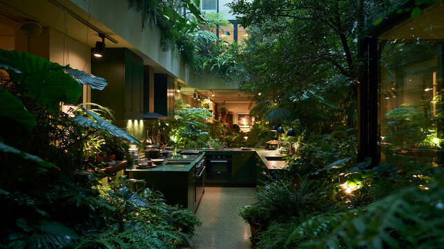 Modern Kitchen Garden Courtyard With Lush Plants Indoor