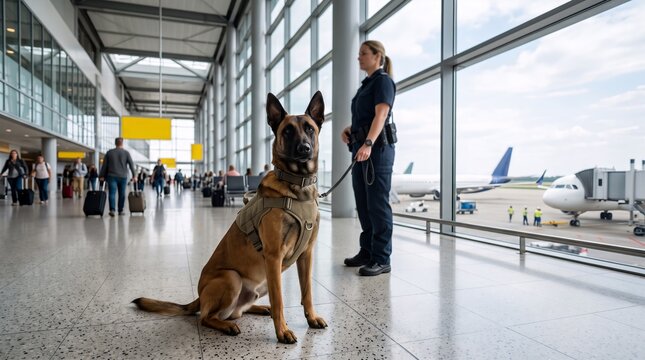 Security officer woman with service dog in airport terminal. Trained canine K9 unit for public safety and luggage inspection. Professional protection and transportation security control.