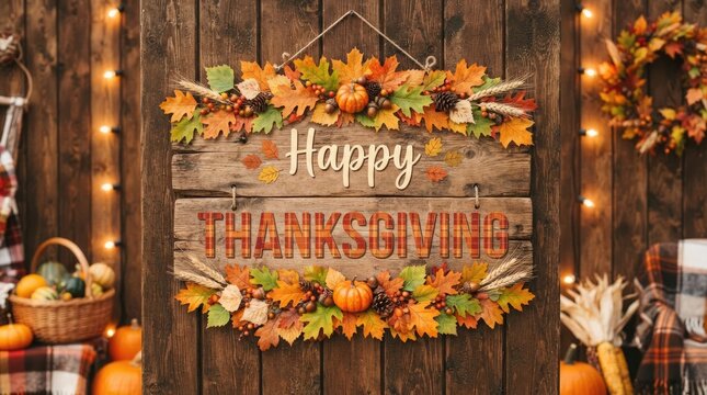 Rustic wooden sign with happy thanksgiving message decorated with autumn leaves and pumpkins