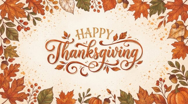 Happy thanksgiving greeting card with decorative autumn leaves and watercolor foliage frame