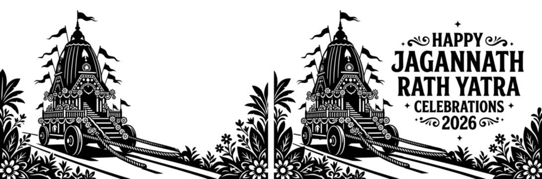 Happy Jagannath Rath Yatra 2026 Celebration Banner with Traditional Hindu Chariot Silhouette Vector