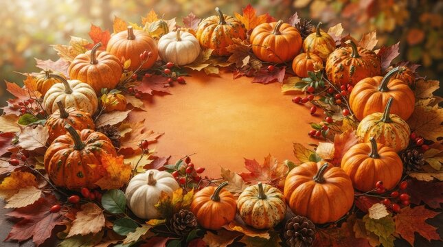 Festive thanksgiving background with pumpkins and autumn leaves surrounding a central copy space