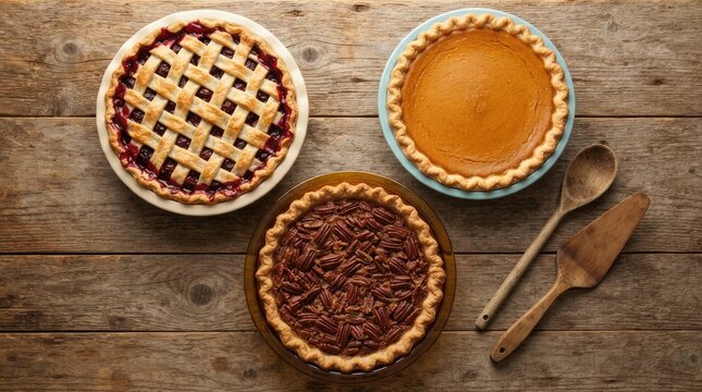 Three delicious homemade pies for a traditional thanksgiving dinner celebration on rustic wood
