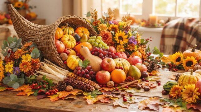 Traditional thanksgiving cornucopia filled with fresh autumn harvest fruits and vegetables