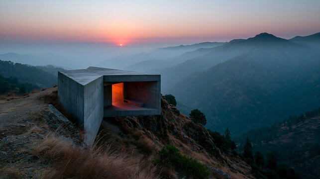 Modern Concrete Shelter Overlooking Mountain Valley at Sunset