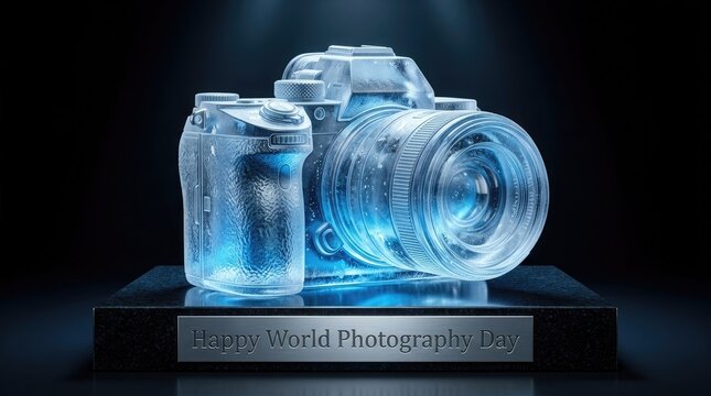 A stunning crystal glass camera sculpture displayed on a black podium to celebrate the artistic spirit of world photography day event