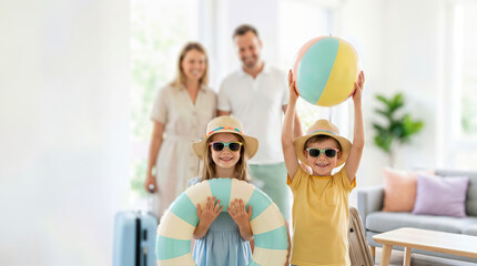 Obraz premium Two children wearing sunglasses and summer hats hold a beach ball and a pool float while parents stand in the background of a bright living room ready for vacation