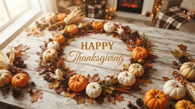 Happy thanksgiving greeting with a decorative wreath of pumpkins and autumn leaves
