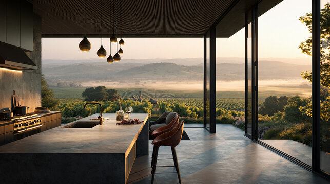 Luxury Kitchen with Vineyard Valley Sunset View