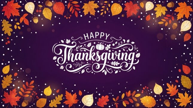 Happy thanksgiving greeting card with autumn leaves border and dark purple background
