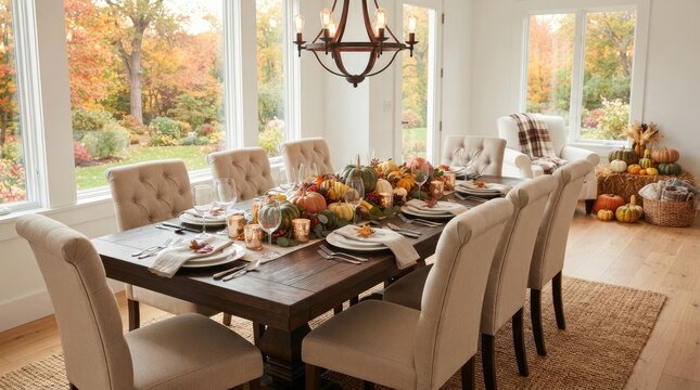 Elegant dining room table set for a festive thanksgiving family dinner celebration