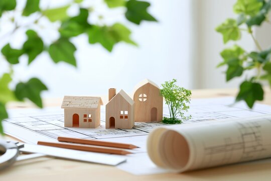 マイホーム新築の夢を叶える家と住宅模型と建築設計図