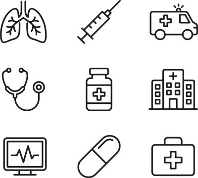 medical healthcare line icons with hospital, ambulance and medicine
