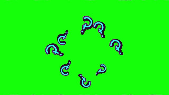 Abstract blue question marks forming circles on green and black background seamless motion