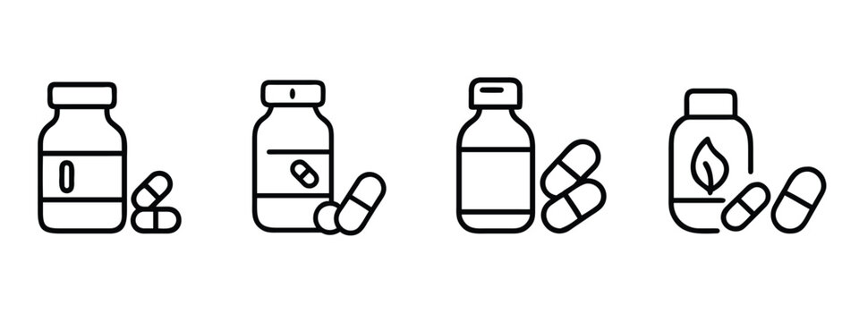 Pharmacy line icons set, medicine, pill, capsule, drug, vitamin, supplement, bottle, healthcare, treatment, pharmaceutical & more vector illustration with editable stroke.