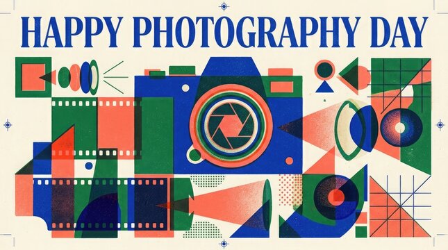 Abstract illustration for world photography day featuring a colorful camera design with film strips and geometric shapes for creative digital backgrounds