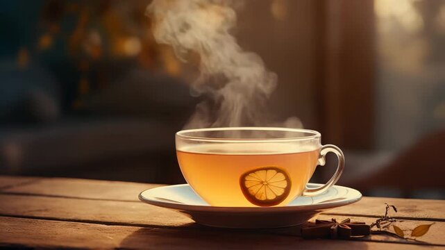Cozy Morning Tea with Fresh Orange Slices and Warm Sunlight
