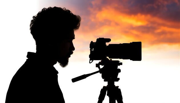 Photographer silhouette with camera on tripod. Videographer filming sunset landscape scene.