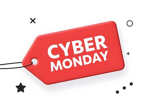 Cyber Monday sale promotional tag isolated on transparent background with bold white text on a red tag for online shopping sales events and special discounts happening on the designated shopping day