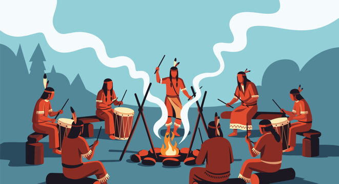 Native American tribe members performing a traditional ritual dance around a bonfire with drum music.