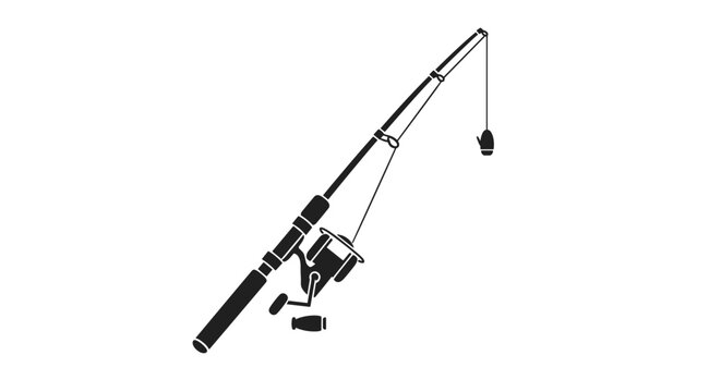 Silhouette of a modern spinning fishing rod with a reel and dangling hook ready for catching fish, isolated on white.
