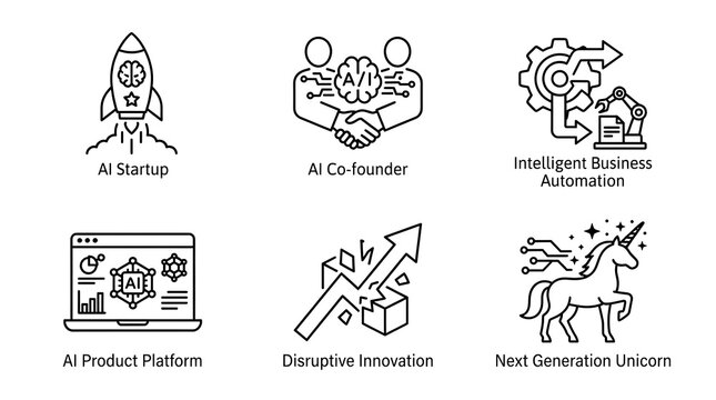 AI Business and Technology Line Icon Set for Startups