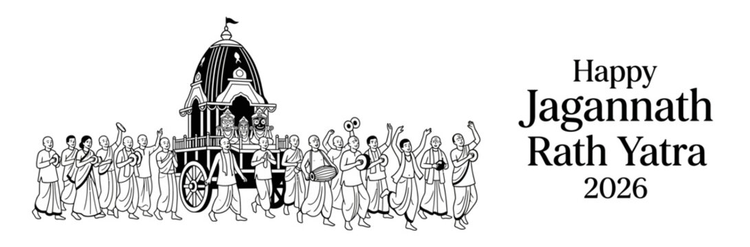 Happy Jagannath Rath Yatra 2026 Celebration Banner with Chariot and Dancing Devotees Line Art Vector