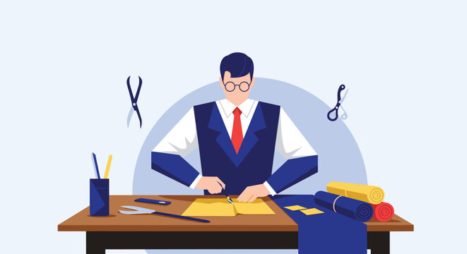 Professional male tailor working at his desk in the workshop to cut fabric with professional scissors and design.