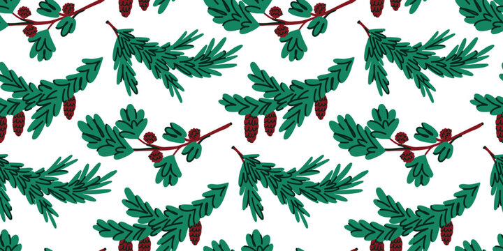 Seamless Pattern with Evergreen Branches and Pine Cones, Hand Drawn Christmas Botanical Print for Fabric, Wrapping Paper and Holiday Decor
