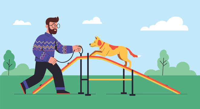 Professional trainer teaching dog agility tricks on ramp in public park, active pet care vector cartoon illustration.