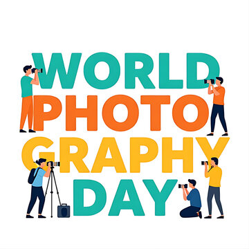 World Photography Day typography design. Photographers with cameras capturing creative images.