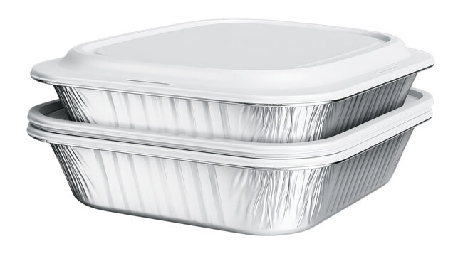 Stack of aluminum foil food containers isolated on a transparent background, perfect for takeout, catering, or meal prep storage solutions