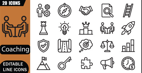 Fototapeta premium Isolated business coaching icons set, 20 editable line art icons set, business coach, strategy, leadership, management, consulting, professional, career success, coaching theme style, clean vector