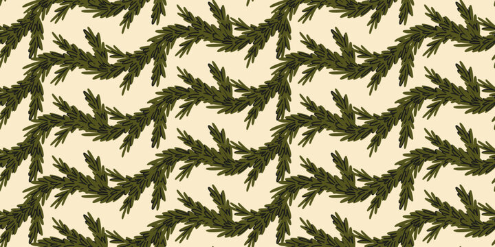Minimal Evergreen Branch Pattern on Warm Neutral Background, Hand Drawn Christmas Botanical Print for Textile, Gift Wrap and Scandinavian Holiday Decor