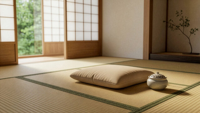 Single Zabuton Cushion and Incense Burner on Tatami Floor in Bright Room