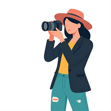 Woman photographer taking a picture. Female tourist with camera capturing travel memories.