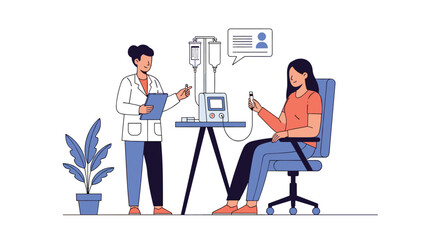 Fototapeta premium Professional female doctor explaining a medical procedure to a young patient sitting in a clinic treatment chair.