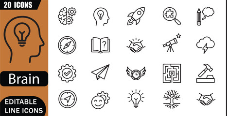 Isolated brain creativity icons set, 20 editable line art icons set, innovation, imagination, ideas, inspiration, problem solving, thinking, mindset, creative thinking theme style,clean outline vector © MD.Kawsar Hossan